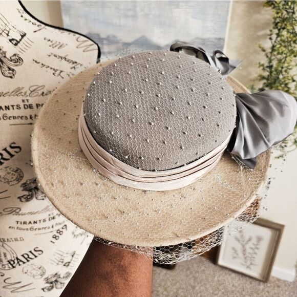 VTG 1920's Whittelts Jurte Tally Ho Mesh Dots Fascinator Wool Statement Hat. - Picture 3 of 16